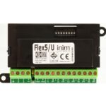 Inim Flex5/SU - Espansione terminali. 5 terminali programmabili come ingresso e/o uscita di cui 4 con gestione sensori tapparelle o inerziali. 2 uscite per alimentazioni ausiliarie protette da fusibile autoripristinabile. Buzzer integrato. Protezione plastica con morsetti a vista. Certificazione EN50131-3 IMQ.