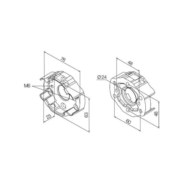 Supporto compatto in alluminio, con 2 fori interasse 48 (M6) e 60 mm