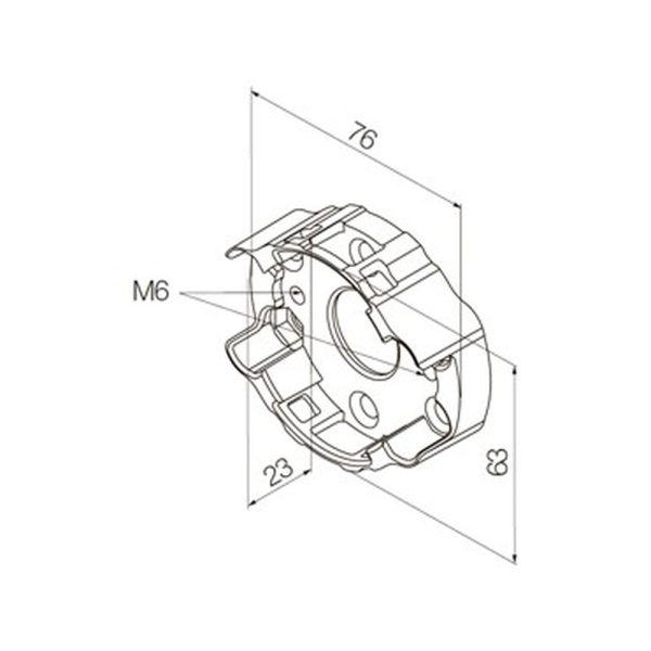 Supporto compatto in alluminio con molla e 2 fori M6 a interasse Ø 44mm, 2 fori M6 a interasse Ø 48mm, 2 sedi esagonali per dadi M6.