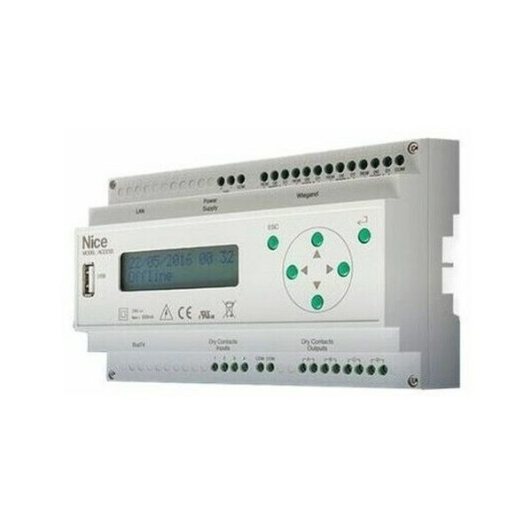 Modulo DIN per il controllo degli accessi dotato di uscita BusT4, 4 porte Wiegand, 4 ingressi dry contact usati come contatti di input e 4 usati come contatti di output, porta ethernet.