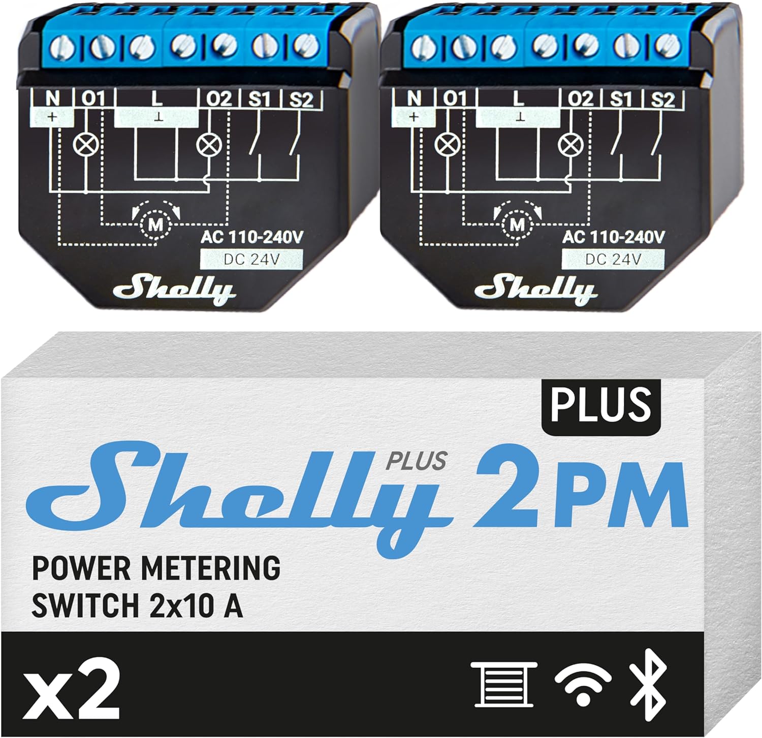 SH-PLUS2PM2P Shelly Plus 2PM DOUBLE PACK - Smart Relay 16A AC/DC WiFi/BT + PM. Colore nero - immagine 1