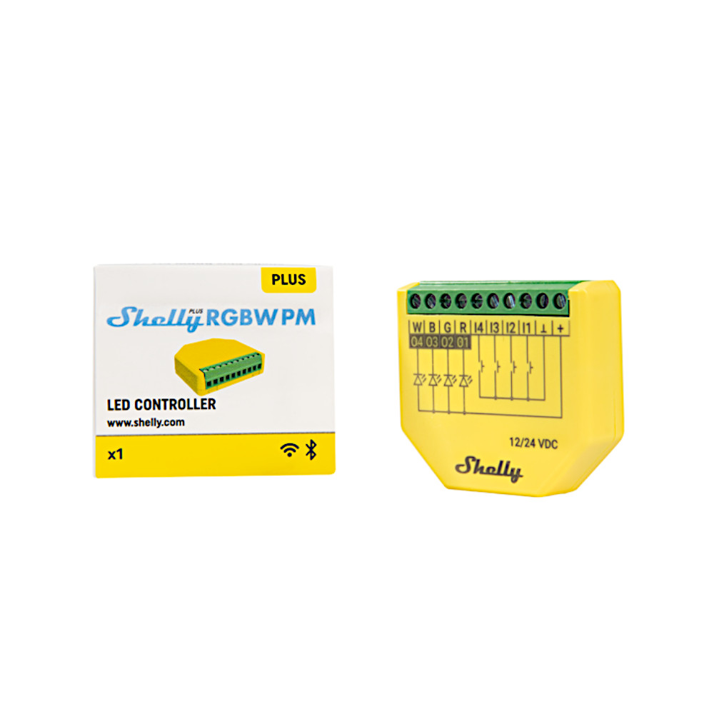 SH-PLUSRGBWPM Shelly Plus RGBW PM - Controller Strisce LED WiFI/BT 12-24DC RGBW + PM. Colore giallo - immagine 1